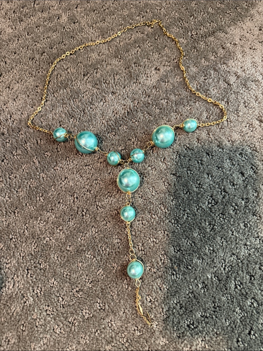 Gold Chain Necklace with Aqua Pearl Stations - Women Jewelry